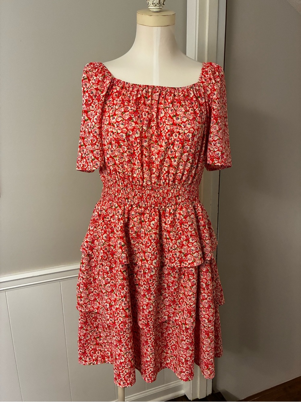 Red Floral Midi Dress with Smocked Waist
